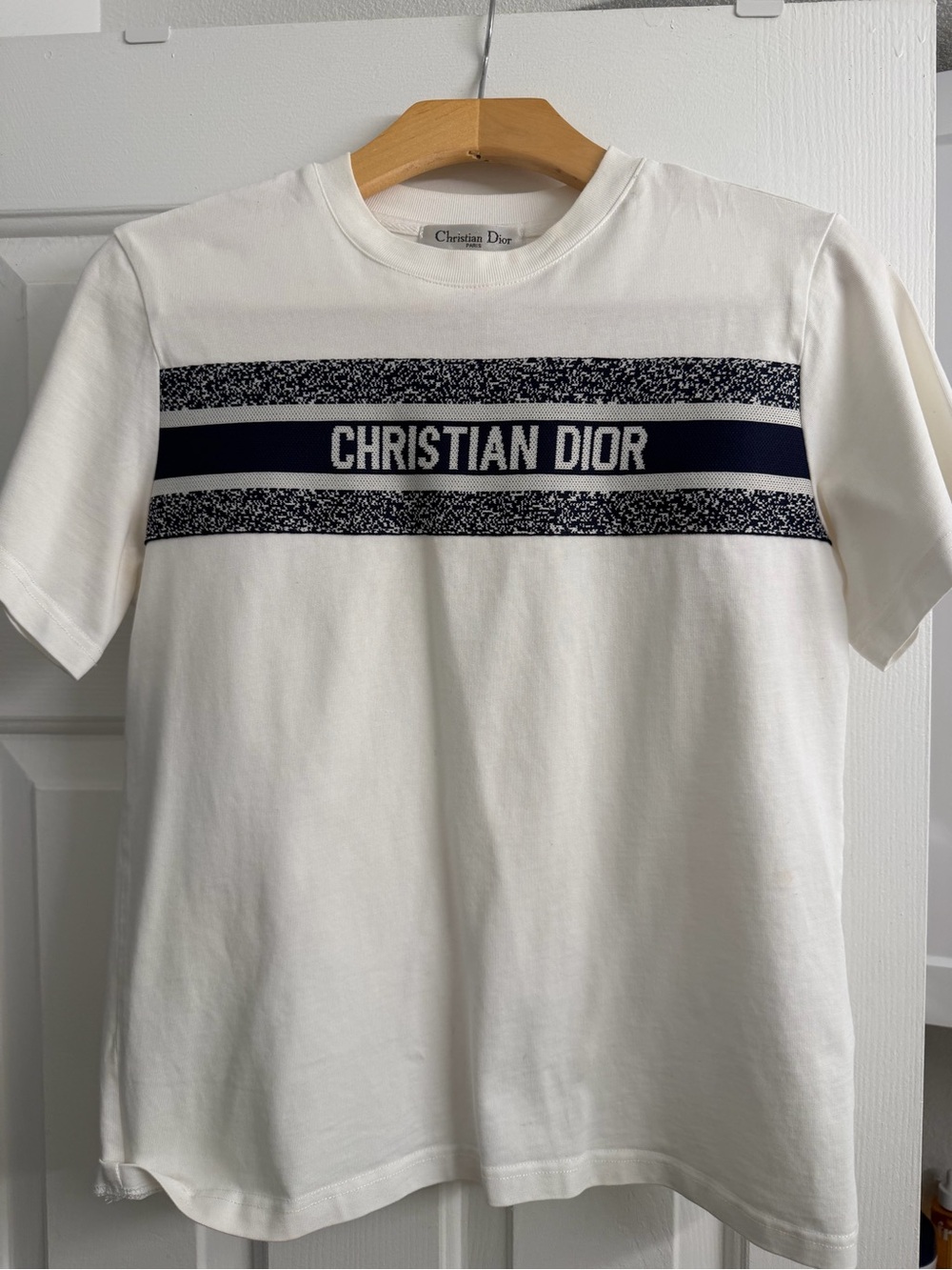 Dior White Short-Sleeve Tee with Navy Logo Band